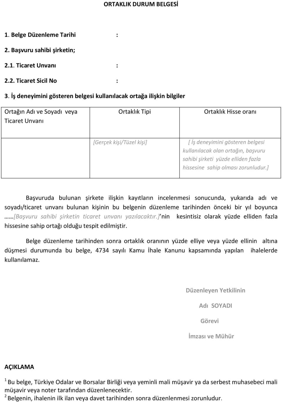 belgesi kullanılacak olan ortağın, başvuru sahibi şirketi yüzde elliden fazla hissesine sahip olması zorunludur.