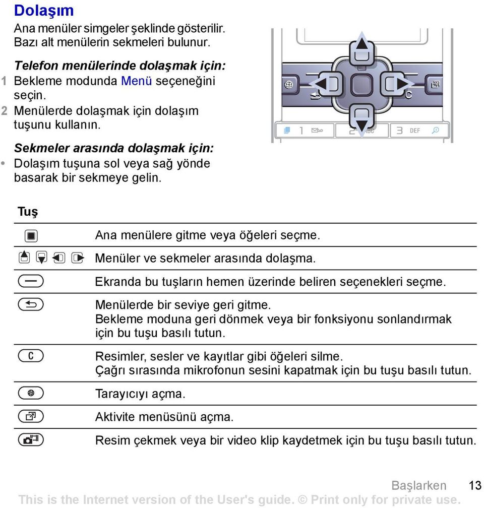 Sekmeler arasında dolaşmak için: Dolaşım tuşuna sol veya sağ yönde basarak bir sekmeye gelin. Tuş Ana menülere gitme veya öğeleri seçme. Menüler ve sekmeler arasında dolaşma.