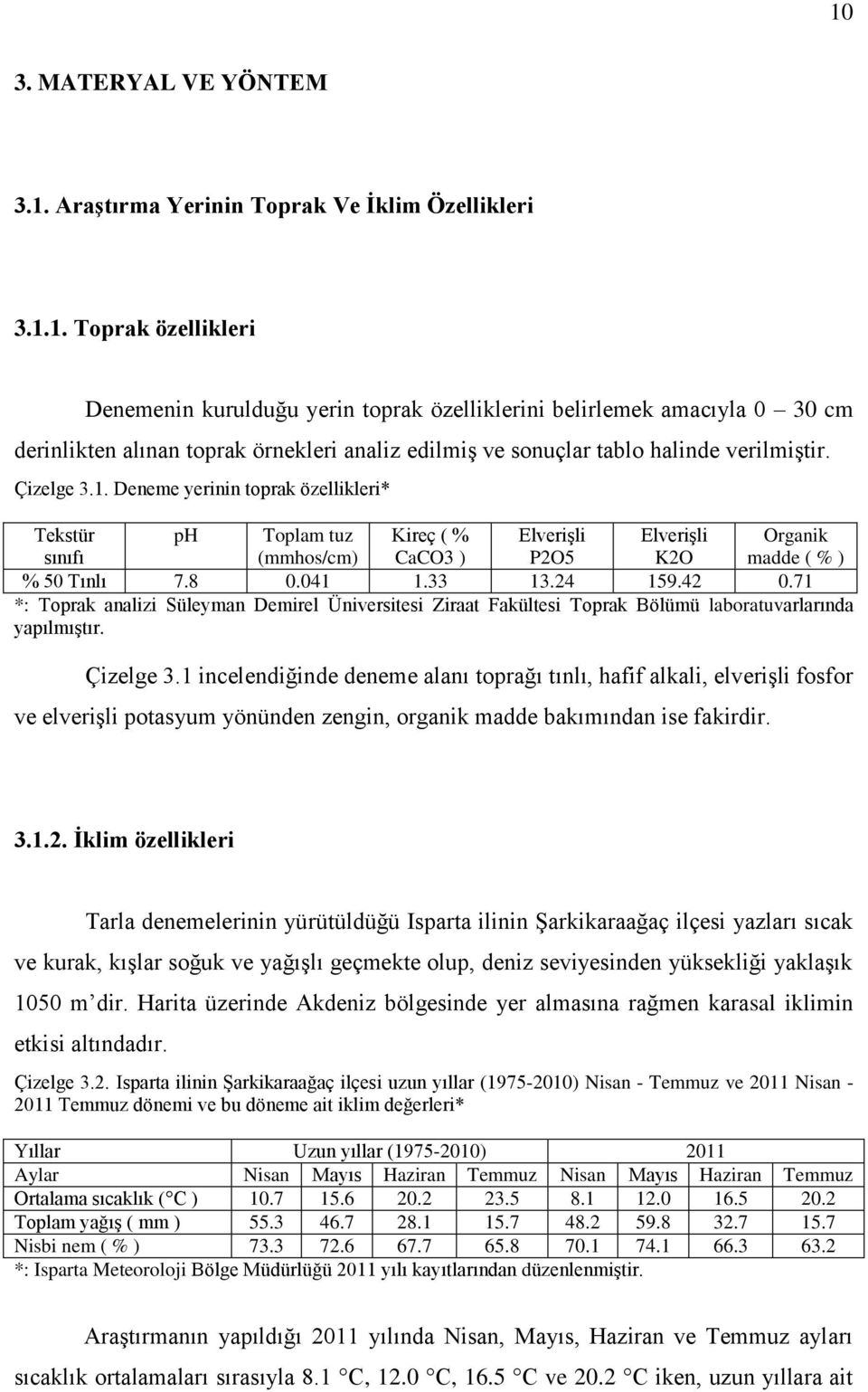 71 *: Toprak analizi Süleyman Demirel Üniversitesi Ziraat Fakültesi Toprak Bölümü laboratuvarlarında yapılmıştır. Çizelge 3.