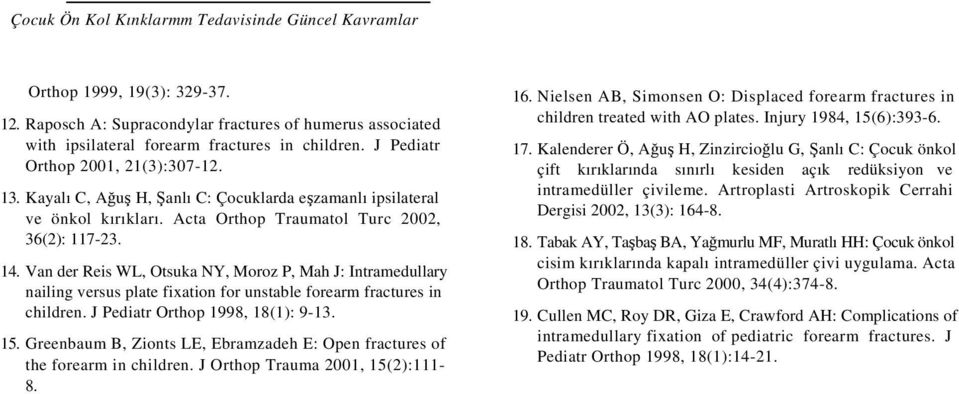 Van der Reis WL, Otsuka NY, Moroz P, Mah J: Intramedullary nailing versus plate fixation for unstable forearm fractures in children. J Pediatr Orthop 1998, 18(1): 9-13. 15.