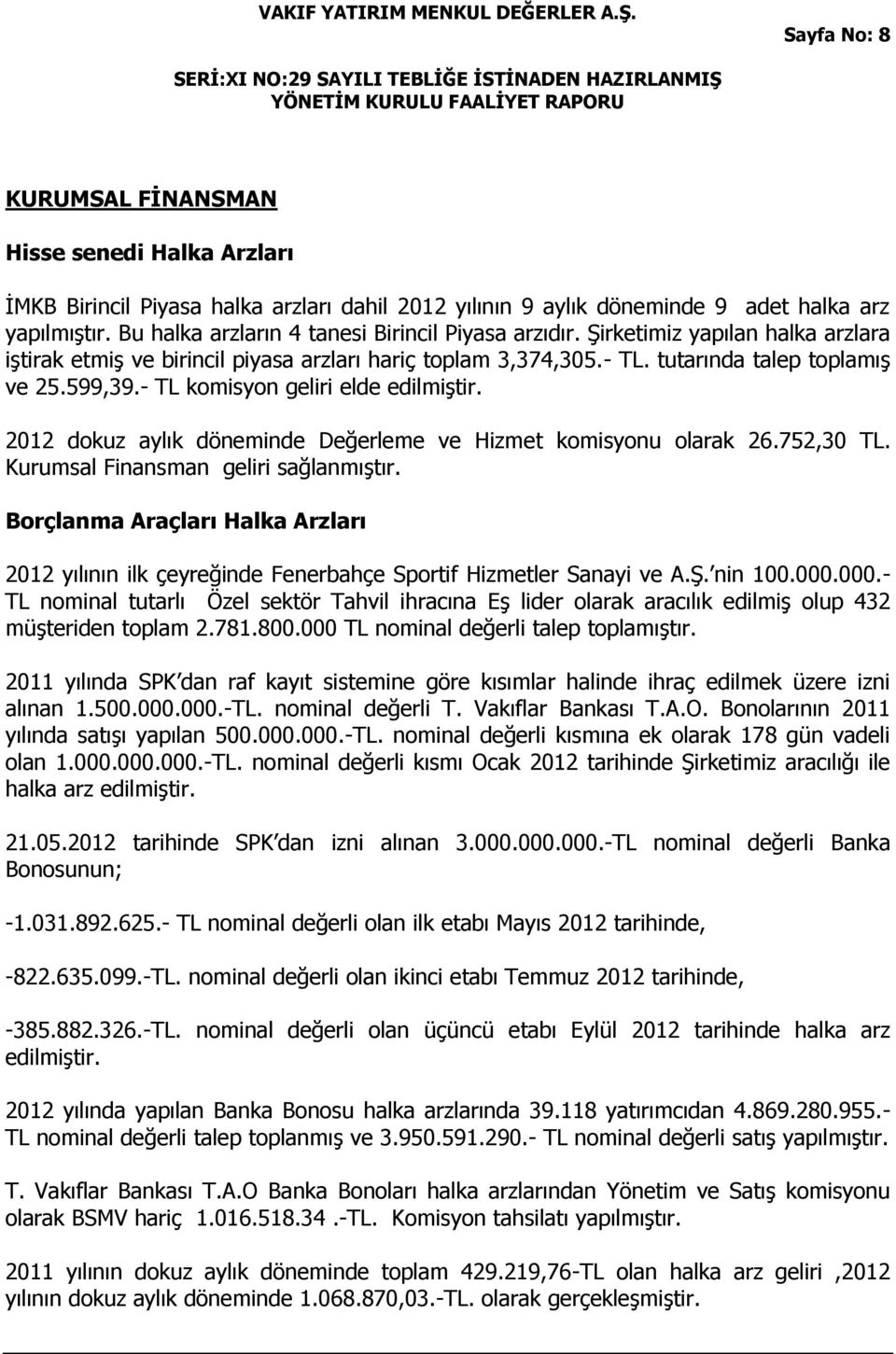 - TL komisyon geliri elde edilmiştir. 2012 dokuz aylık döneminde Değerleme ve Hizmet komisyonu olarak 26.752,30 TL. Kurumsal Finansman geliri sağlanmıştır.