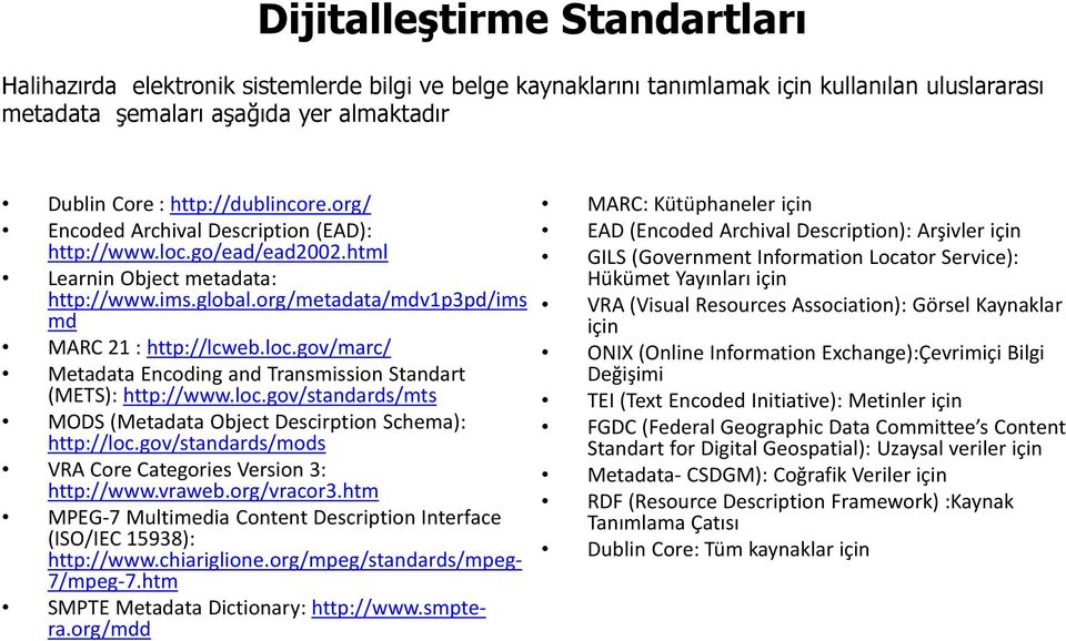 loc.gov/standards/mts MODS (Metadata Object Descirption Schema): http://loc.gov/standards/mods VRA Core Categories Version 3: http://www.vraweb.org/vracor3.