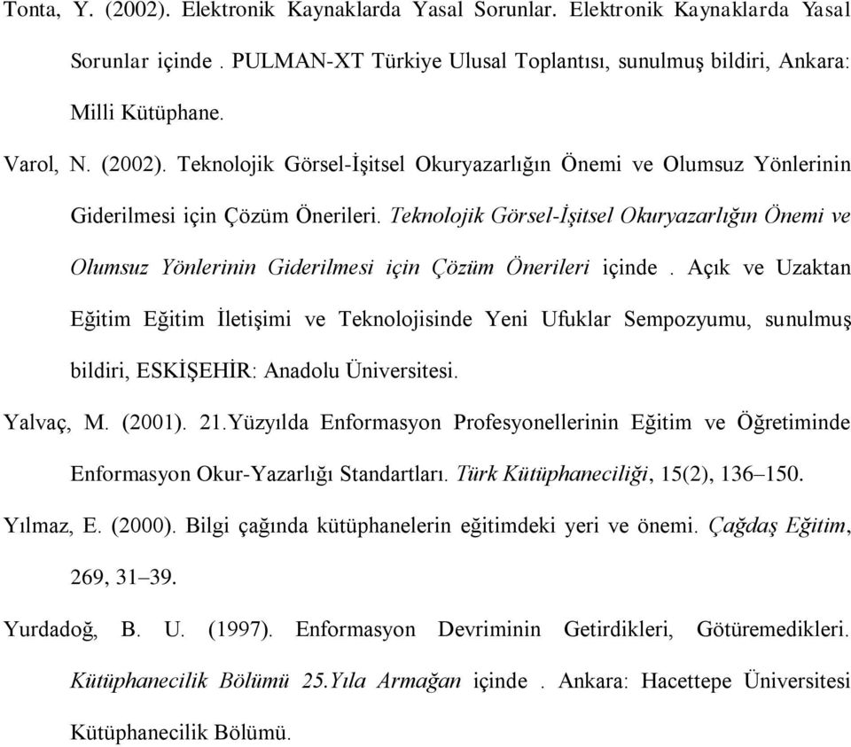 Açık ve Uzaktan Eğitim Eğitim İletişimi ve Teknolojisinde Yeni Ufuklar Sempozyumu, sunulmuş bildiri, ESKİŞEHİR: Anadolu Üniversitesi. Yalvaç, M. (2001). 21.