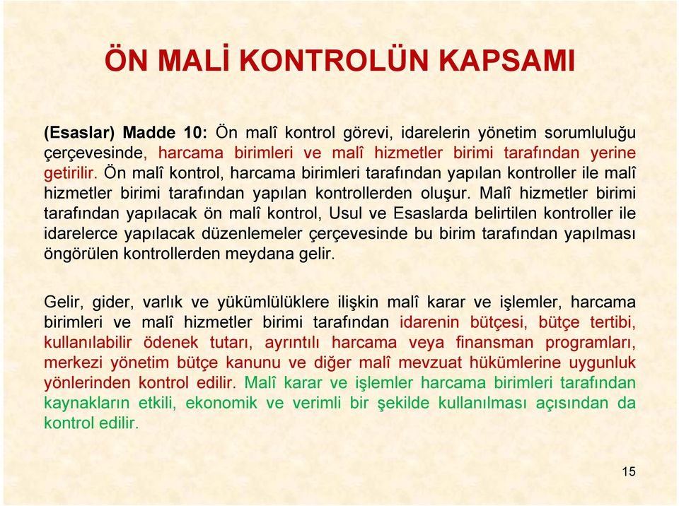 Malî hizmetler birimi tarafından yapılacak ön malî kontrol, Usul ve Esaslarda belirtilen kontroller ile idarelerce yapılacak düzenlemeler çerçevesinde bu birim tarafından yapılması öngörülen