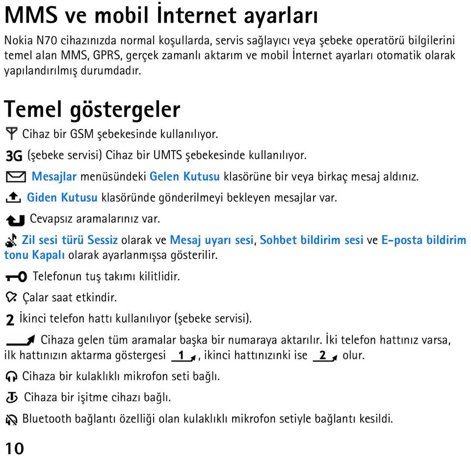 Mesajlar menüsündeki Gelen Kutusu klasörüne bir veya birkaç mesaj aldýnýz. Giden Kutusu klasöründe gönderilmeyi bekleyen mesajlar var. Cevapsýz aramalarýnýz var.