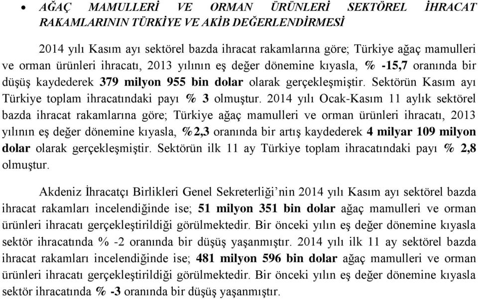 2014 yılı Ocak-Kasım 11 aylık sektörel bazda ihracat rakamlarına göre; Türkiye ağaç mamulleri ve orman ürünleri ihracatı, 2013 yılının eş değer dönemine kıyasla, %2,3 oranında bir artış kaydederek 4