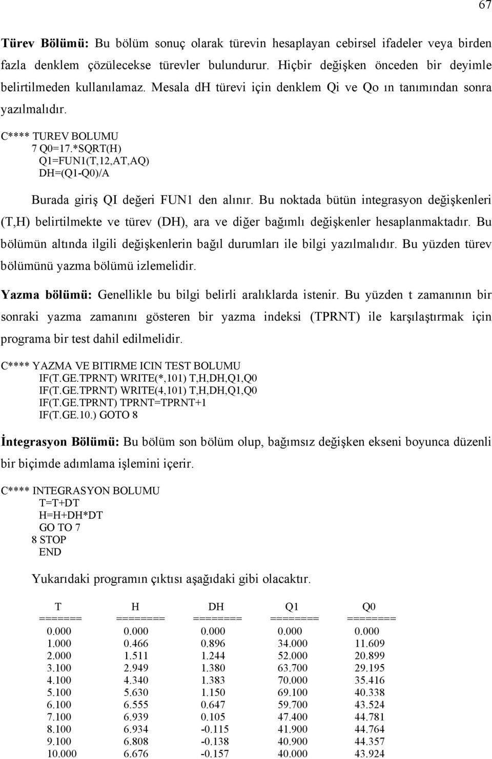 Bu noktada bütün integrasyon değişkenleri (T,H) belirtilmekte ve türev (DH), ara ve diğer bağımlı değişkenler hesaplanmaktadır.