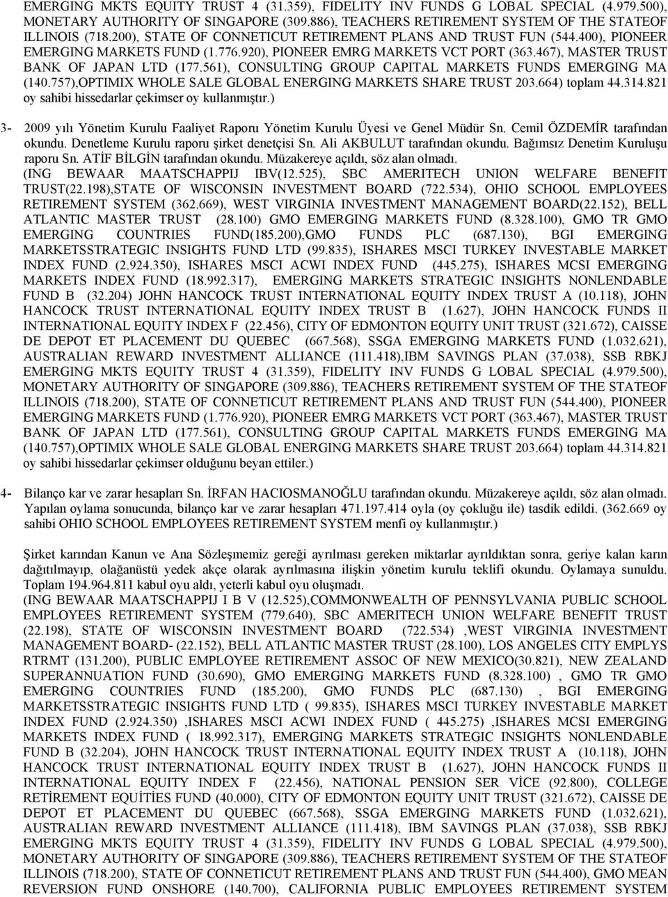 oy sahibi hissedarlar çekimser olduğunu beyan ettiler.) 4- Bilanço kar ve zarar hesapları Sn. İRFAN HACIOSMANOĞLU tarafından okundu. Müzakereye açıldı, söz alan olmadı.