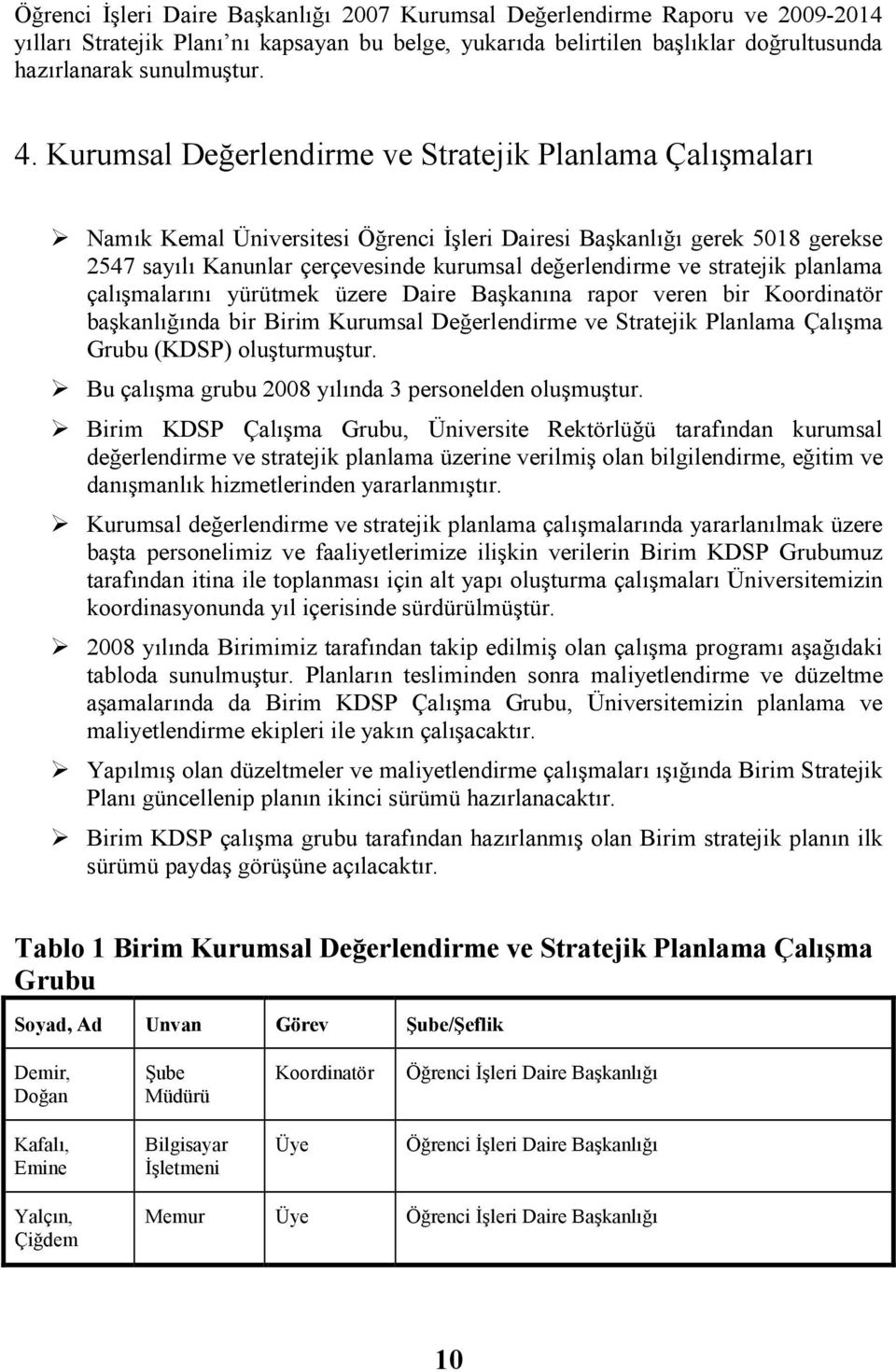 yürütmek üzere Başkanına rapor veren bir Koordinatör başkanlığında bir Birim Kurumsal Değerlendirme ve Stratejik Planlama Çalışma Grubu (KDSP) oluşturmuştur.