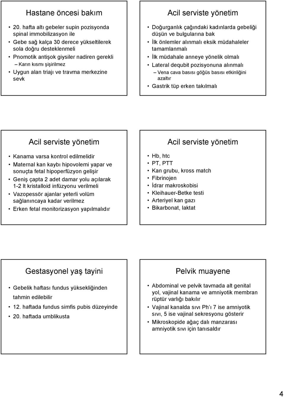 alan triajı ve travma merkezine sevk Acil serviste yönetim Doğurganlık çağındaki kadınlarda gebeliği düşün ve bulgularına bak İlk önlemler alınmalı eksik müdahaleler tamamlanmalı İlk müdahale anneye