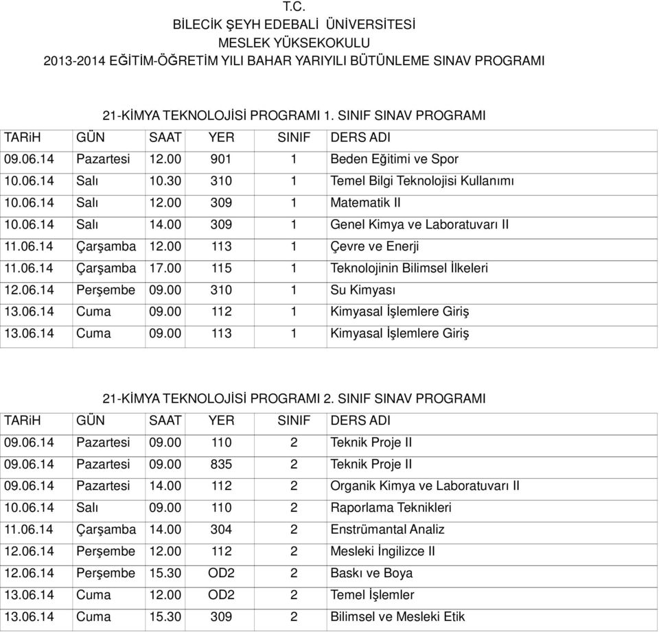 00 310 1 Su Kimyası 13.06.14 Cuma 09.00 112 1 Kimyasal İşlemlere Giriş 13.06.14 Cuma 09.00 113 1 Kimyasal İşlemlere Giriş 21-KİMYA TEKNOLOJİSİ PROGRAMI 2. SINIF SINAV PROGRAMI 09.06.14 Pazartesi 09.