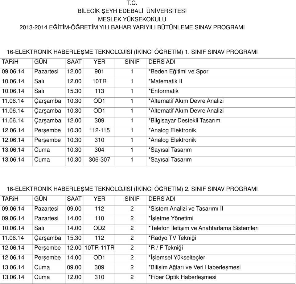 00 309 1 *Bilgisayar Destekli Tasarım 12.06.14 Perşembe 10.30 112-115 1 *Analog Elektronik 12.06.14 Perşembe 10.30 310 1 *Analog Elektronik 13.06.14 Cuma 10.