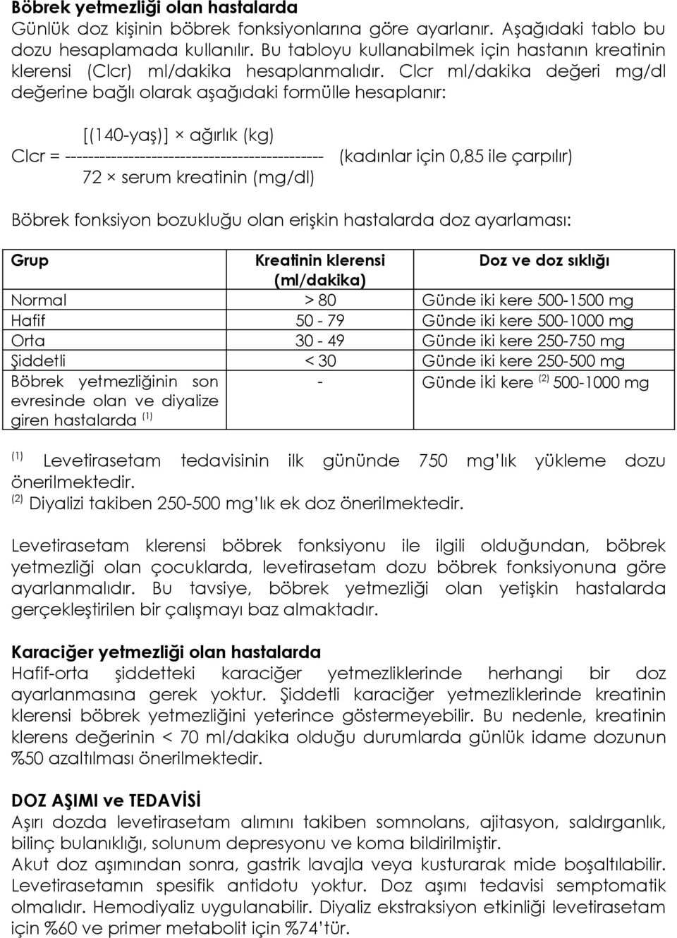 Clcr ml/dakika değeri mg/dl değerine bağlı olarak aşağıdaki formülle hesaplanır: [(140-yaş)] ağırlık (kg) Clcr = --------------------------------------------- (kadınlar için 0,85 ile çarpılır) 72