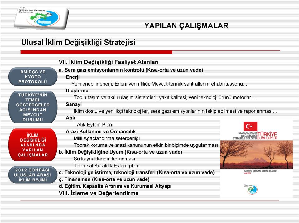 sistemleri, yakıt kalitesi, yeni teknoloji ürünü motorlar Sanayi İklim dostu ve yenilikçi teknolojiler, sera gazı emisyonlarının takip edilmesi ve raporlanması Atık Atık Eylem Planı Arazi Kullanımı