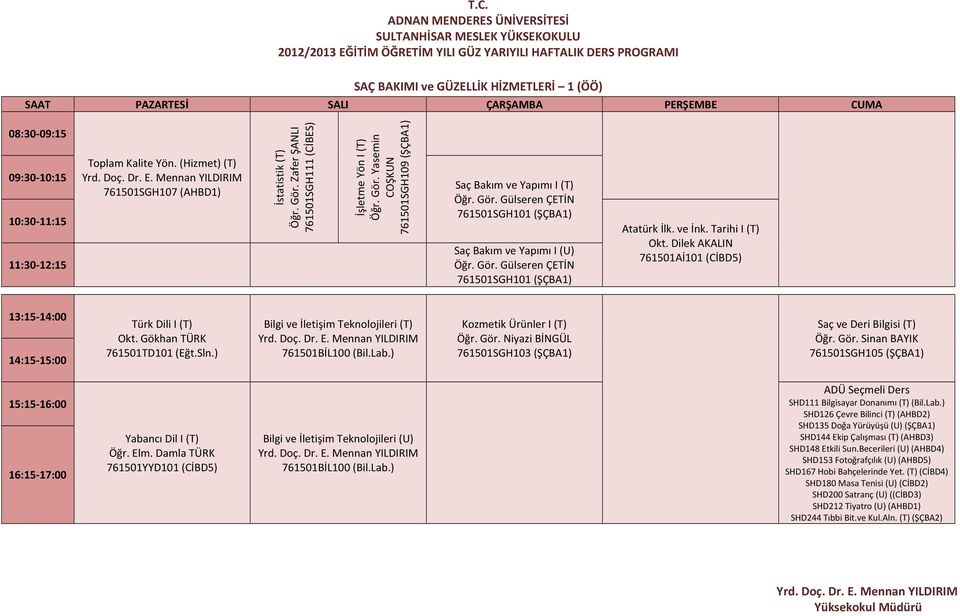 Dilek AKALIN 761501Aİ101 (CİBD5) Türk Dili I (T) Okt. Gökhan TÜRK 761501TD101 (Eğt.Sln.) Bilgi ve İletişim Teknolojileri (T) 761501BİL100 (Bil.Lab.
