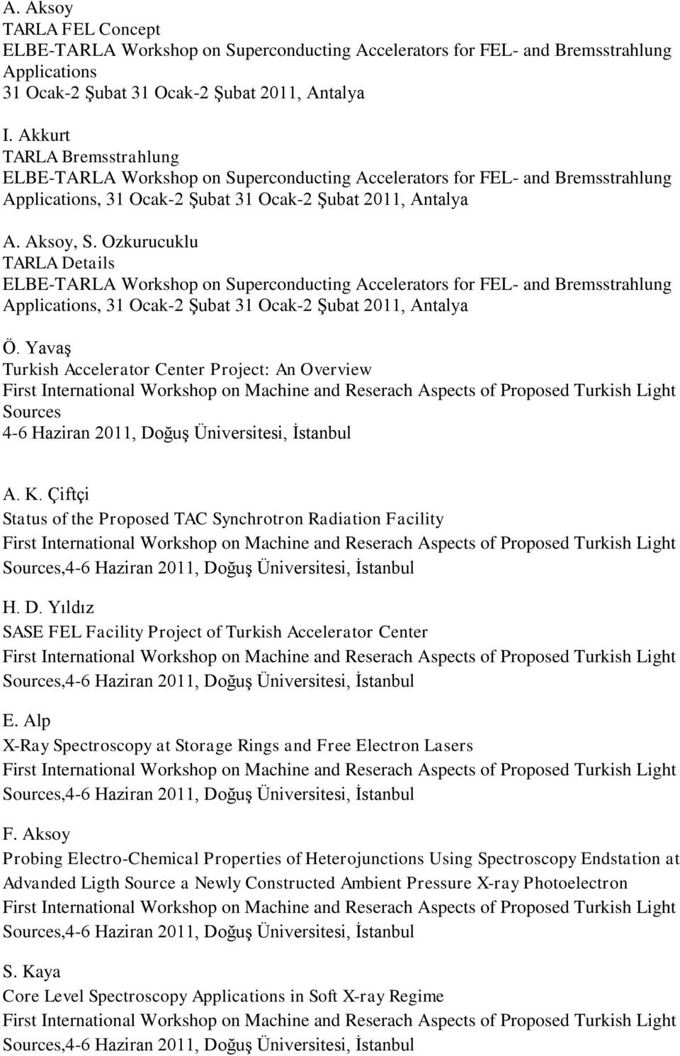 Çiftçi Status of the Proposed TAC Synchrotron Radiation Facility H. D. Yıldız SASE FEL Facility Project of Turkish Accelerator Center E.