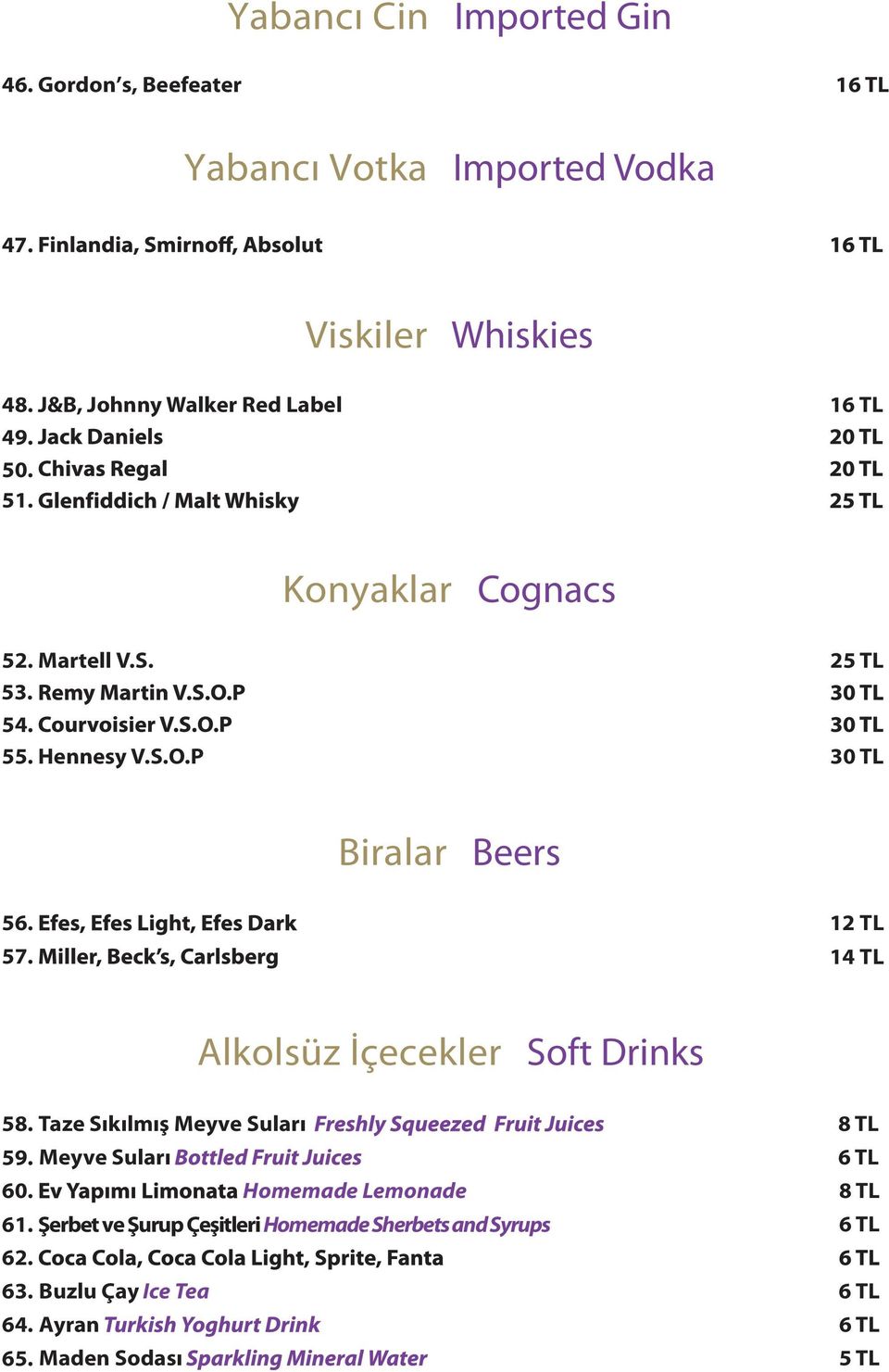 P 30 TL Biralar Beers 56. 57. 12 TL 14 TL Alkolsüz İçecekler Soft Drinks 58. Taze Sıkılmış Meyve Suları 59. Meyve Suları 60.