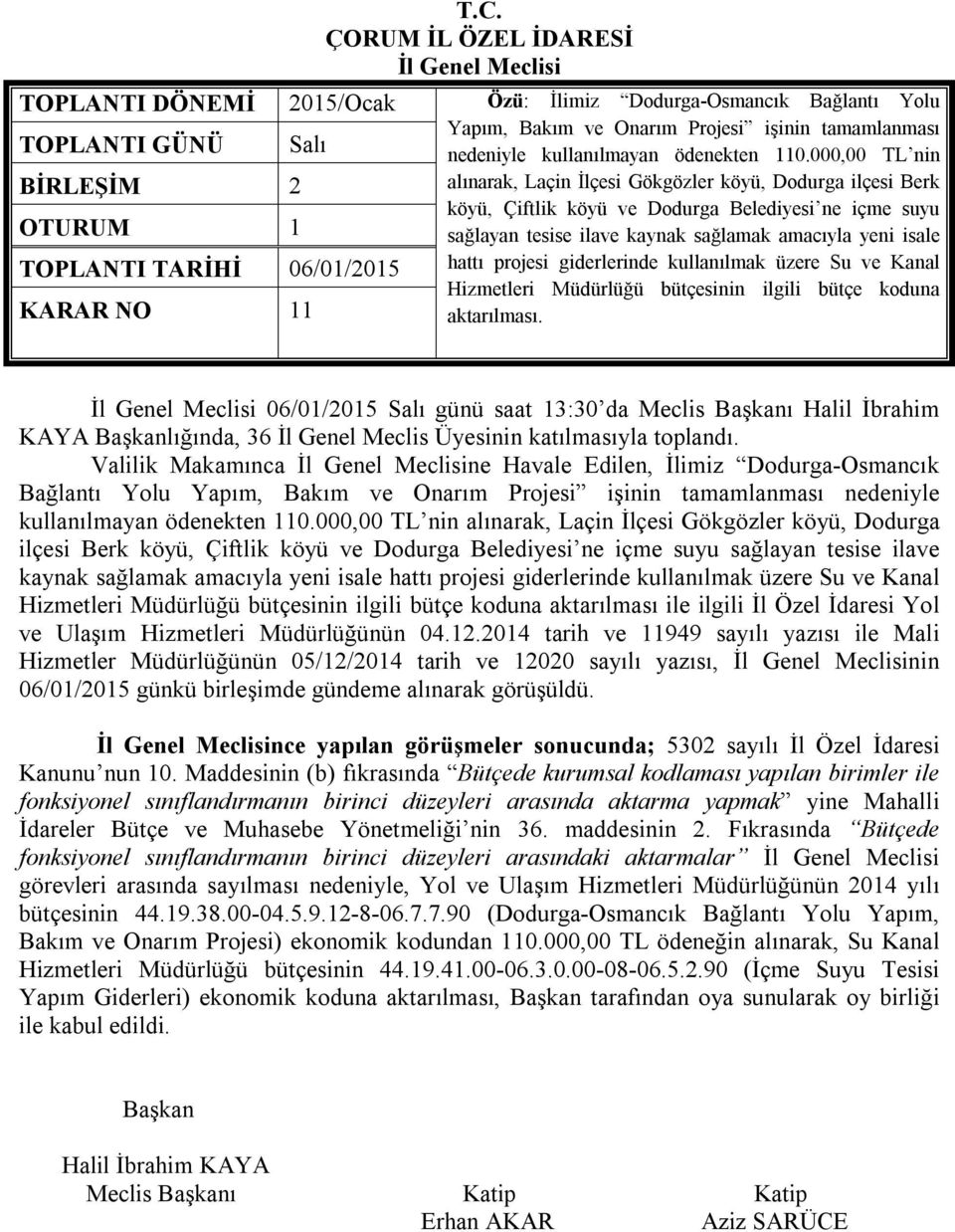 TOPLANTI TARİHİ 06/01/2015 hattı projesi giderlerinde kullanılmak üzere Su ve Kanal Hizmetleri Müdürlüğü bütçesinin ilgili bütçe koduna KARAR NO 11 aktarılması.