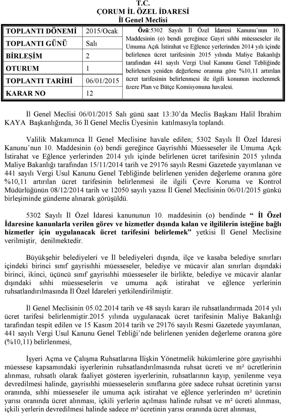 tarafından 441 sayılı Vergi Usul Kanunu Genel Tebliğinde belirlenen yeniden değerleme oranına göre %10,11 artırılan TOPLANTI TARİHİ 06/01/2015 ücret tarifesinin belirlenmesi ile ilgili konunun