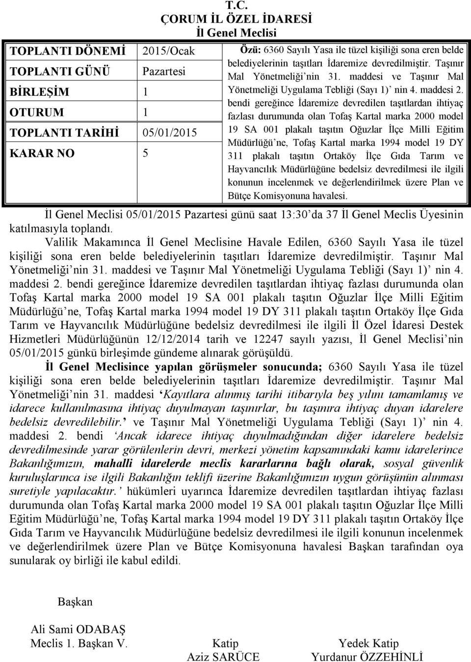 bendi gereğince İdaremize devredilen taşıtlardan ihtiyaç fazlası durumunda olan Tofaş Kartal marka 2000 model TOPLANTI TARİHİ 05/01/2015 19 SA 001 plakalı taşıtın Oğuzlar İlçe Milli Eğitim Müdürlüğü