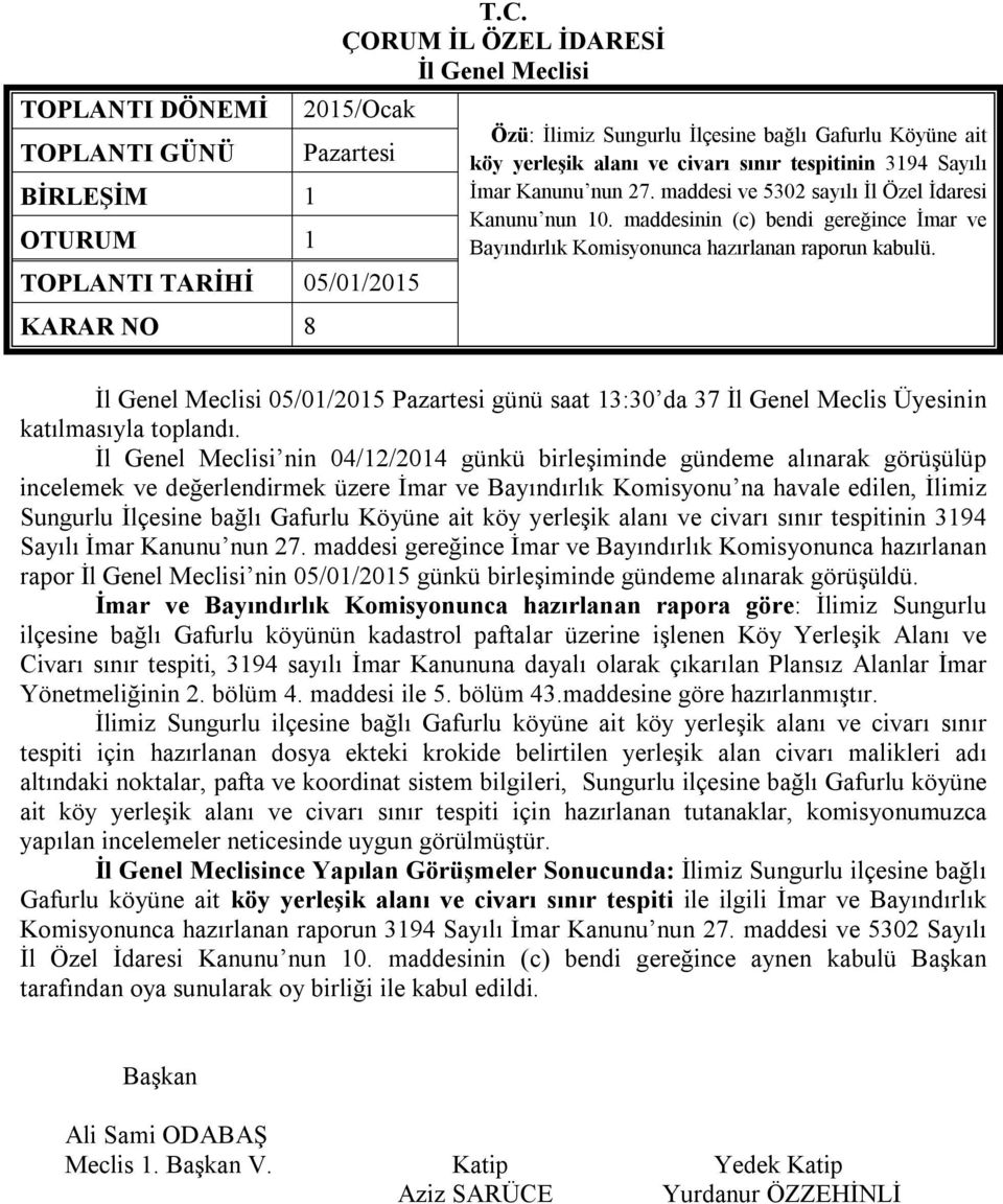 05/01/2015 Pazartesi günü saat 13:30 da 37 İl Genel Meclis Üyesinin katılmasıyla toplandı.