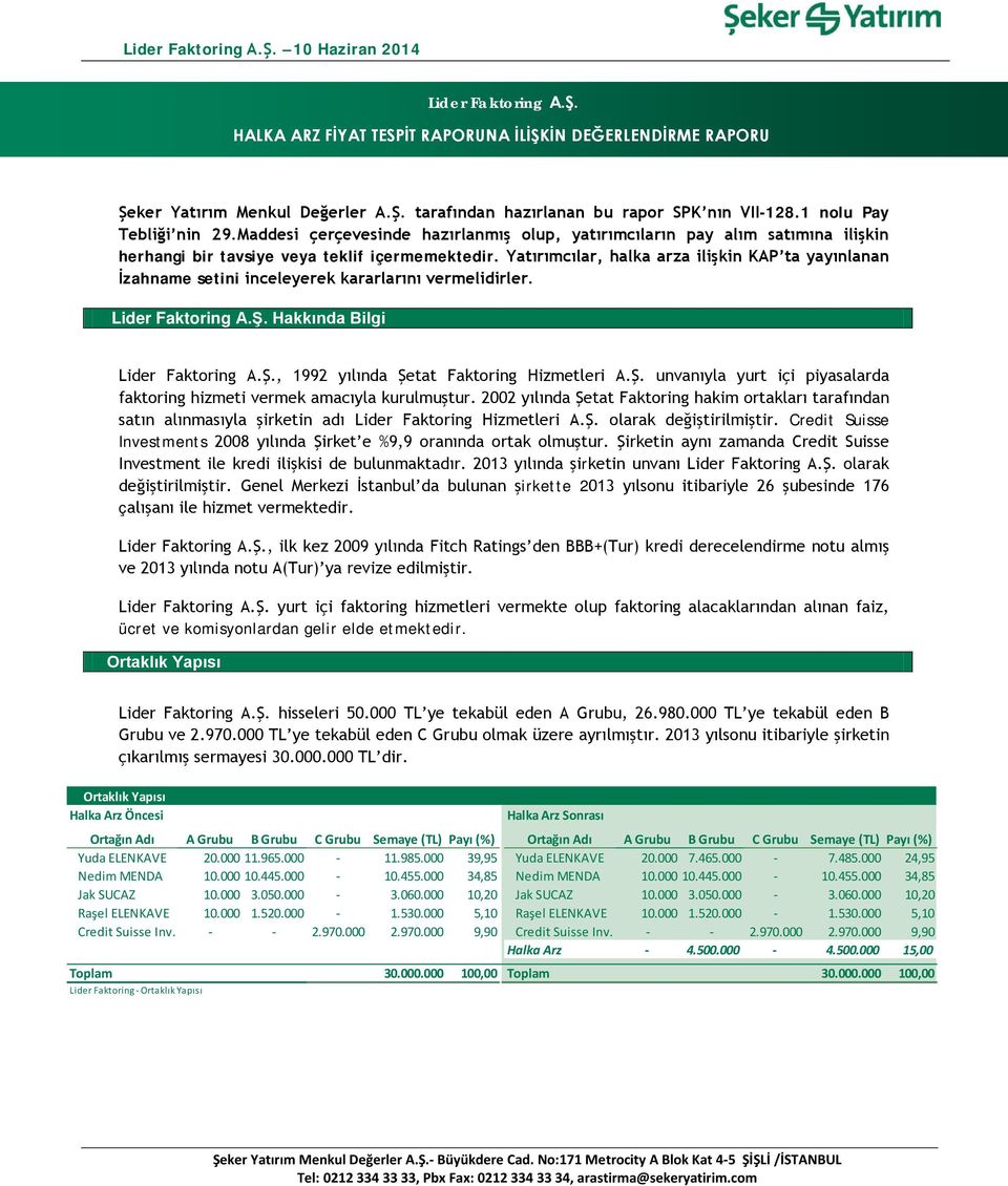 Yatırımcılar, halka arza ilişkin KAP ta yayınlanan İzahname setini inceleyerek kararlarını vermelidirler. Lider Faktoring A.Ş. Hakkında Bilgi Lider Faktoring A.Ş., 1992 yılında Şetat Faktoring Hizmetleri A.