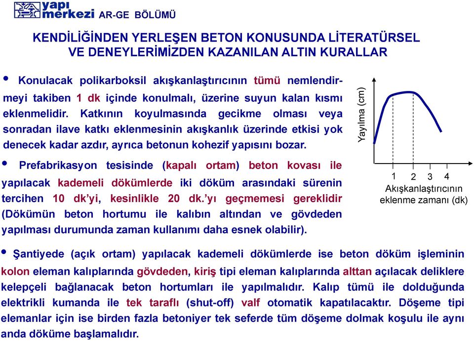 Prefabrikasyon tesisinde (kapalı ortam) beton kovası ile yapılacak kademeli dökümlerde iki döküm arasındaki sürenin tercihen 10 dk yi, kesinlikle 20 dk.