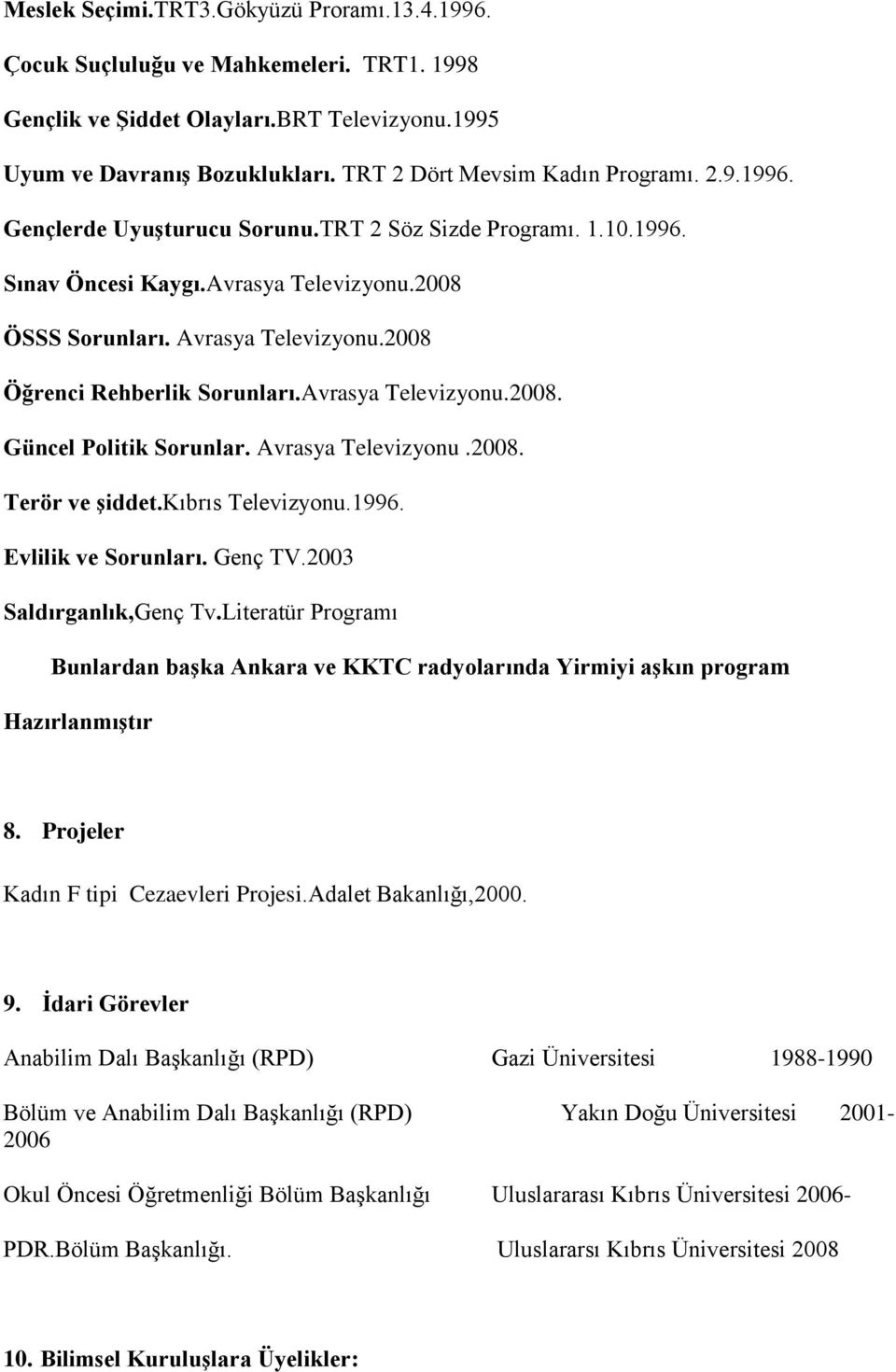 2008 Öğrenci Rehberlik Sorunları.Avrasya Televizyonu.2008. Güncel Politik Sorunlar. Avrasya Televizyonu.2008. Terör ve şiddet.kıbrıs Televizyonu.1996. Evlilik ve Sorunları. Genç TV.