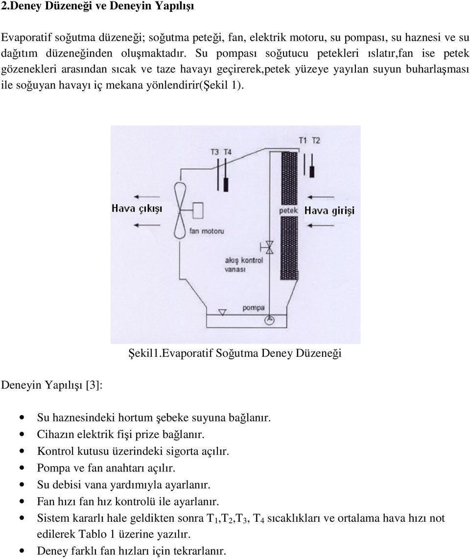 Deneyin Yapılışı [3]: Şekil1.Evaporatif Soğutma Deney Düzeneği Su haznesindeki hortum şebeke suyuna bağlanır. Cihazın elektrik fişi prize bağlanır. Kontrol kutusu üzerindeki sigorta açılır.