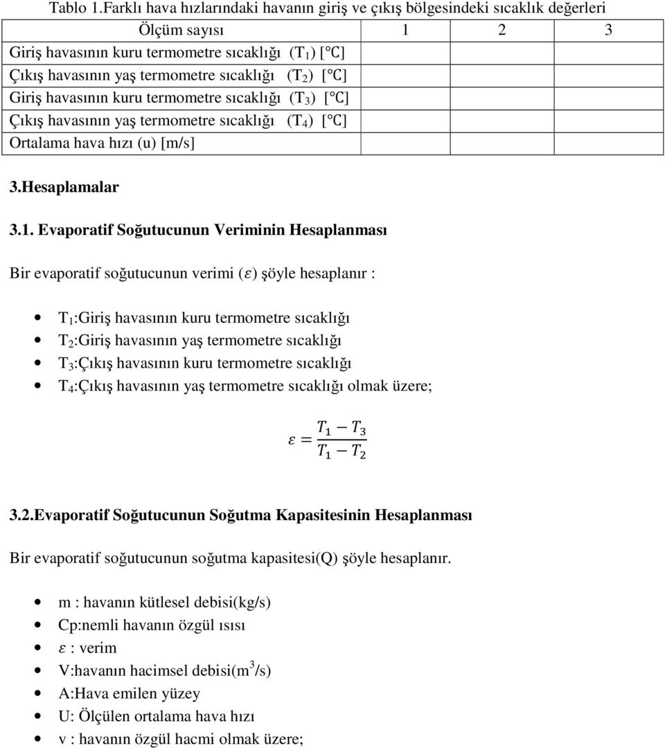 [ ] Giriş havasının kuru termometre sıcaklığı (T 3 ) [ ] Çıkış havasının yaş termometre sıcaklığı (T 4 ) [ ] Ortalama hava hızı (u) [m/s] 3.Hesaplamalar 3.1.