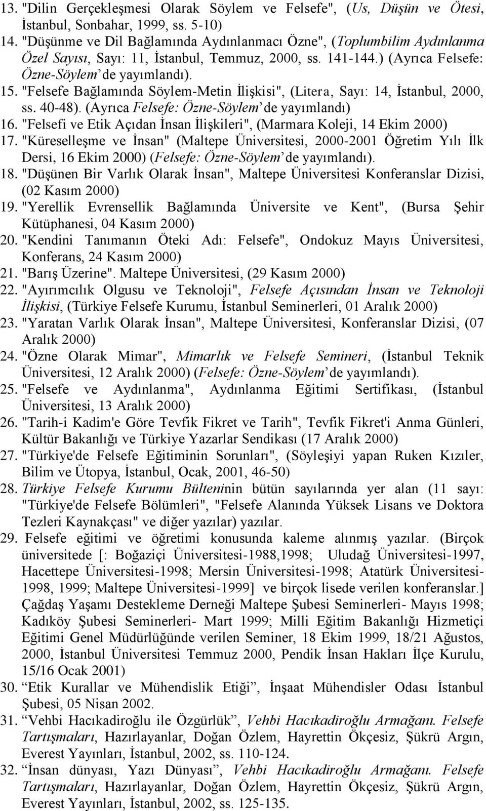"Felsefe Bağlamında Söylem-Metin İlişkisi", (Litera, Sayı: 14, İstanbul, 2000, ss. 40-48). (Ayrıca Felsefe: Özne-Söylem de yayımlandı) 16.