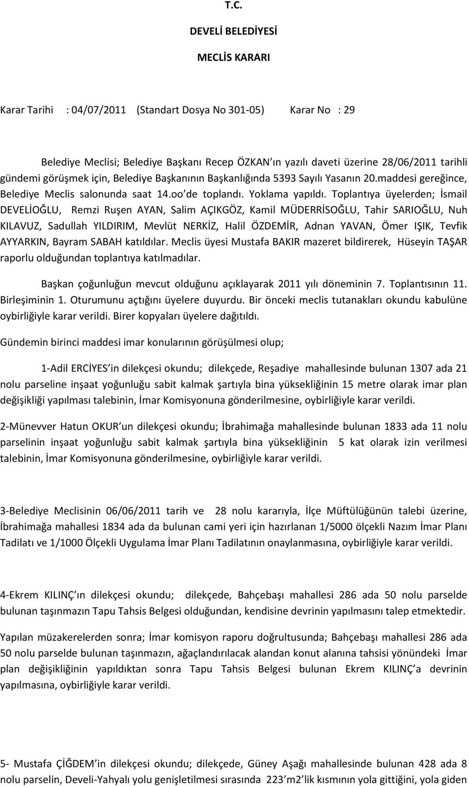 Toplantıya üyelerden; İsmail DEVELİOĞLU, Remzi Ruşen AYAN, Salim AÇIKGÖZ, Kamil MÜDERRİSOĞLU, Tahir SARIOĞLU, Nuh KILAVUZ, Sadullah YILDIRIM, Mevlüt NERKİZ, Halil ÖZDEMİR, Adnan YAVAN, Ömer IŞIK,