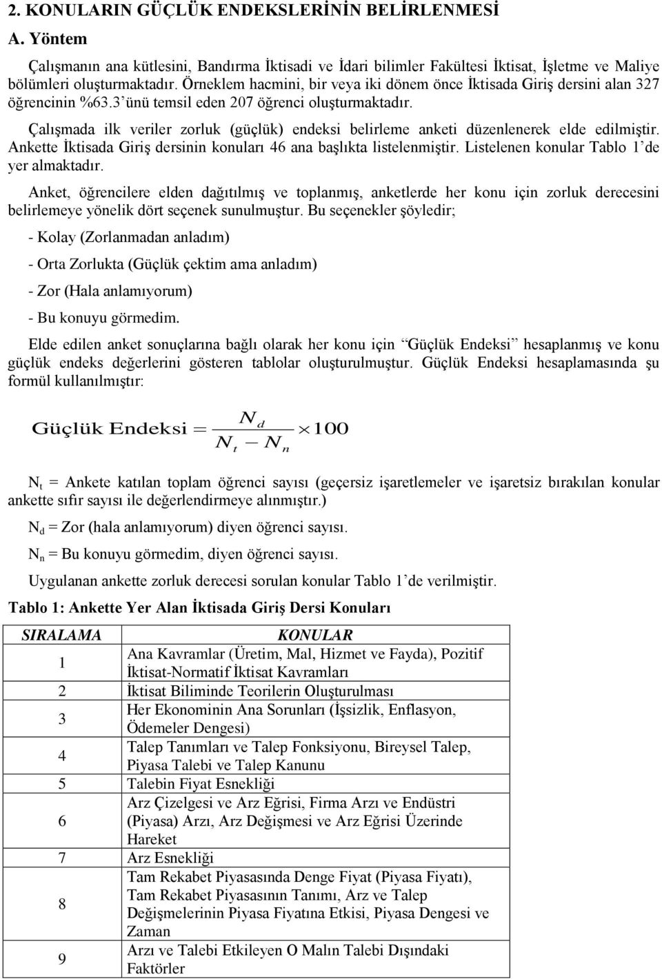 Çalışmada ilk veriler zorluk (güçlük) endeksi belirleme anketi düzenlenerek elde edilmiştir. Ankette İktisada Giriş dersinin konuları 46 ana başlıkta listelenmiştir.