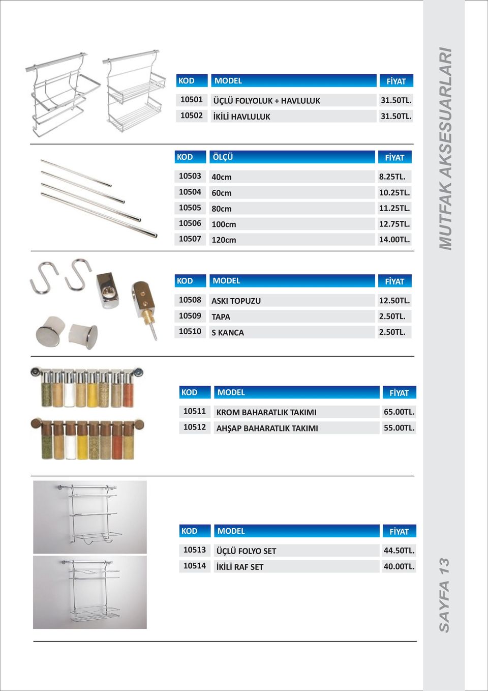 MUTFAK AKSESUARLARI 10508 ASKI TOPUZU 12.50TL. 10509 TAPA 2.50TL. 10510 S KANCA 2.50TL. 10511 KROM BAHARATLIK TAKIMI 65.