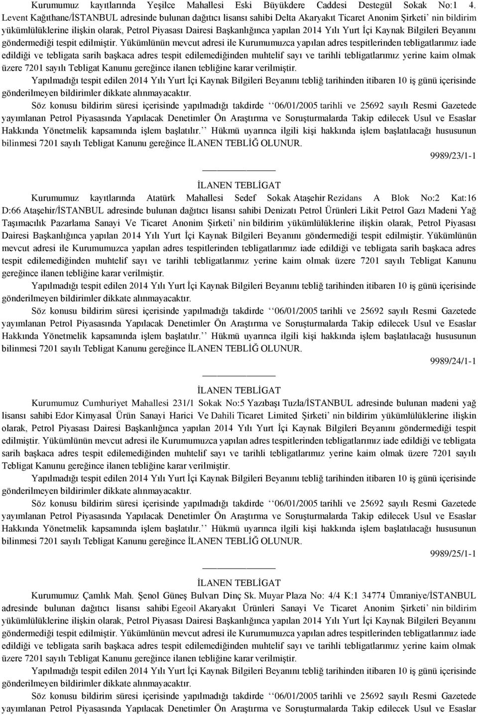 Rezidans A Blok No:2 Kat:16 D:66 Ataşehir/İSTANBUL adresinde bulunan dağıtıcı lisansı sahibi Denizatı Petrol Ürünleri Likit Petrol Gazı Madeni Yağ Taşımacılık Pazarlama Sanayi Ve Ticaret Anonim