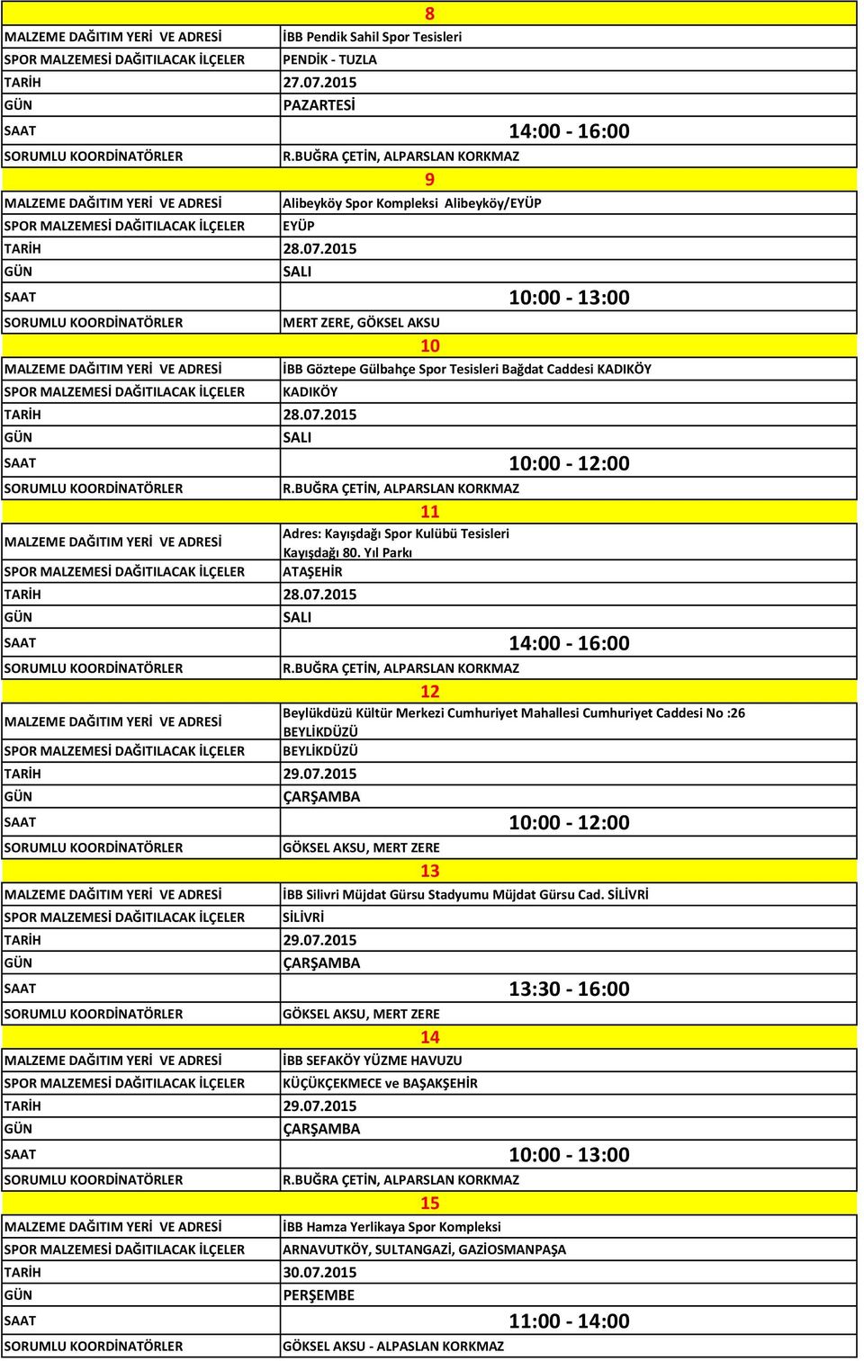 2015 MERT ZERE, GÖKSEL AKSU MALZEME DAĞITIM YERİ VE ADRESİ İBB Göztepe Gülbahçe Spor Tesisleri Bağdat Caddesi KADIKÖY SPOR MALZEMESİ DAĞITILACAK İLÇELER KADIKÖY TARİH 28.07.