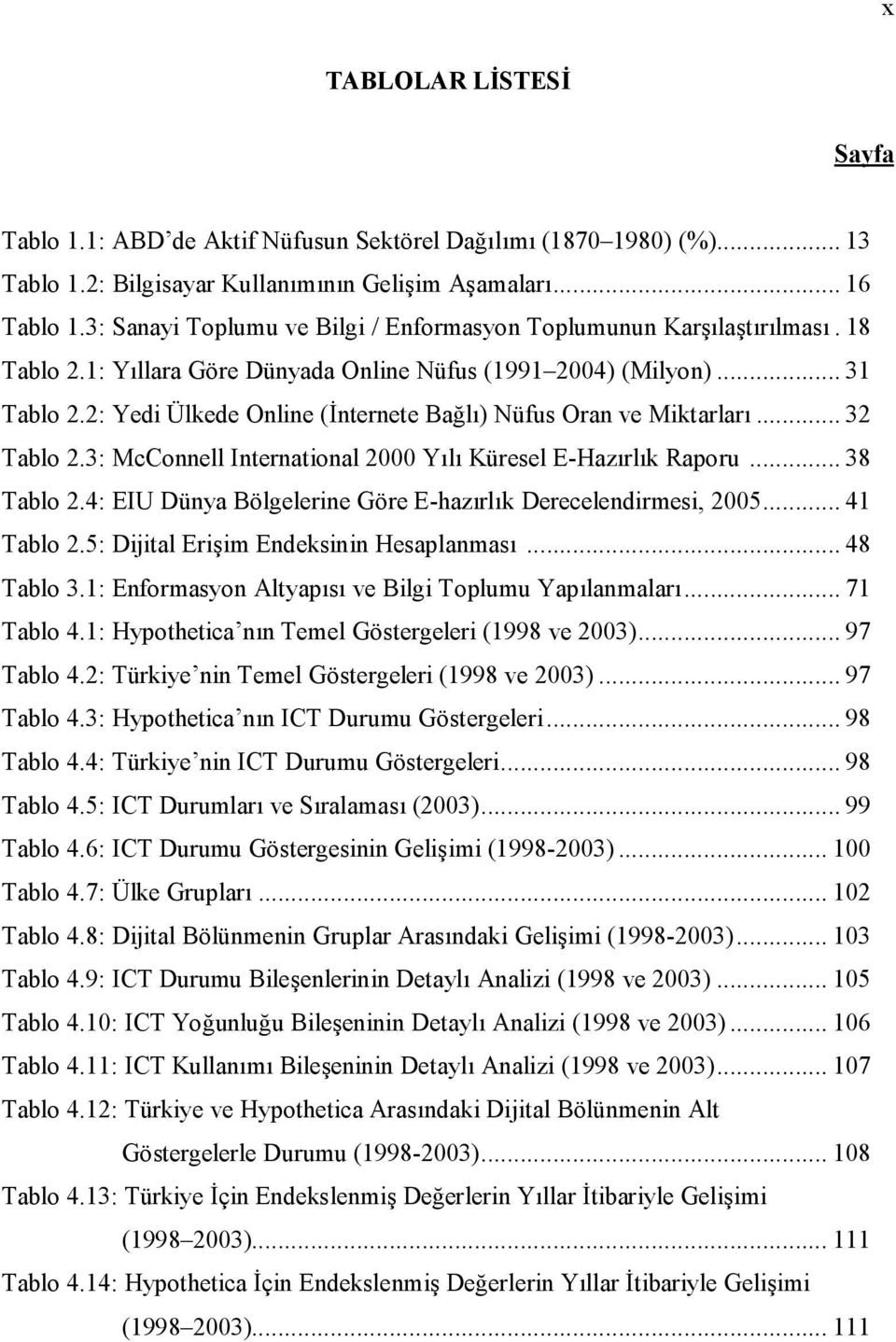 2: Yedi Ülkede Online ( nternete Bal) Nüfus Oran ve Miktarlar... 32 Tablo 2.3: McConnell International 2000 Yl Küresel E-Hazrlk Raporu... 38 Tablo 2.