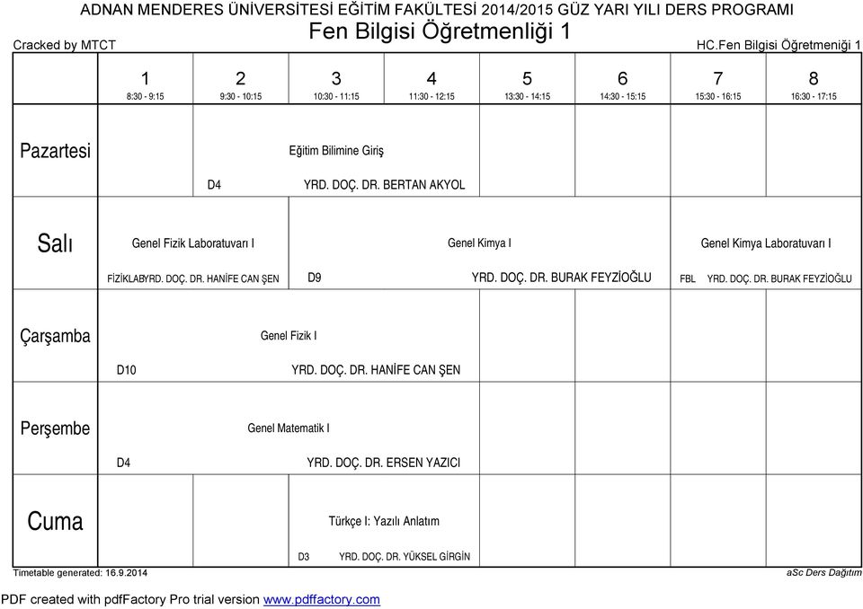 BERTAN AKYOL Genel Fizik Laboratuvarı I Genel Kimya I Genel Kimya Laboratuvarı I FİZİKLABYRD. DOÇ. DR. HANİFE CAN ŞEN D9 YRD. DOÇ. DR. BURAK FEYZİOĞLU FBL YRD.