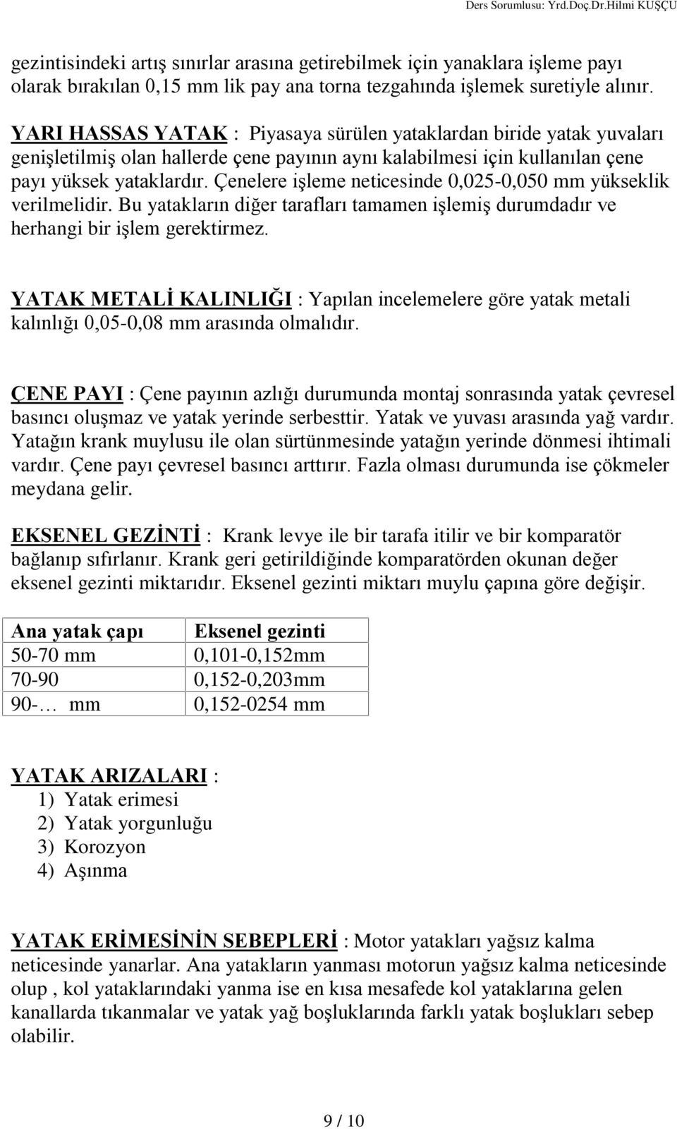 Çenelere iºleme neticesinde 0,025-0,050 mm yükseklik verilmelidir. Bu yataklarýn diðer taraflarý tamamen iºlemiº durumdadýr ve herhangi bir iºlem gerektirmez.