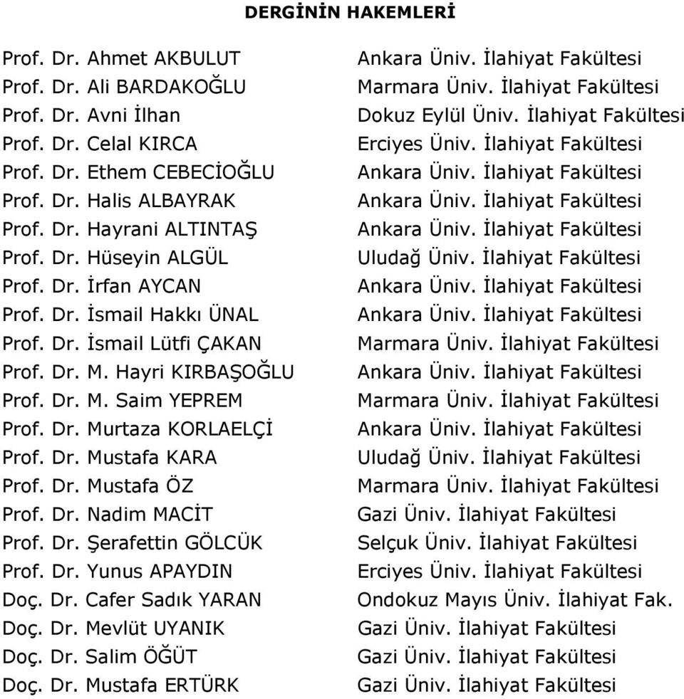 Dr. Nadim MACİT Prof. Dr. Şerafettin GÖLCÜK Prof. Dr. Yunus APAYDIN Doç. Dr. Cafer Sadık YARAN Doç. Dr. Mevlüt UYANIK Doç. Dr. Salim ÖĞÜT Doç. Dr. Mustafa ERTÜRK Dokuz Eylül Üniv.