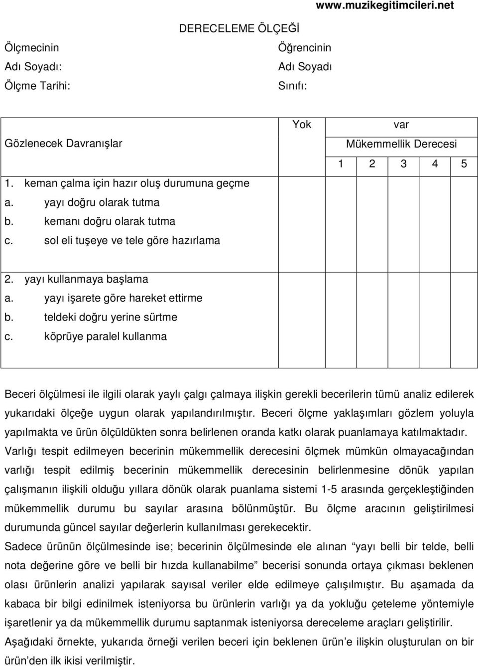 köprüye paralel kullanma Beceri ölçülmesi ile ilgili olarak yaylı çalgı çalmaya ilikin gerekli becerilerin tümü analiz edilerek yukarıdaki ölçee uygun olarak yapılandırılmıtır.