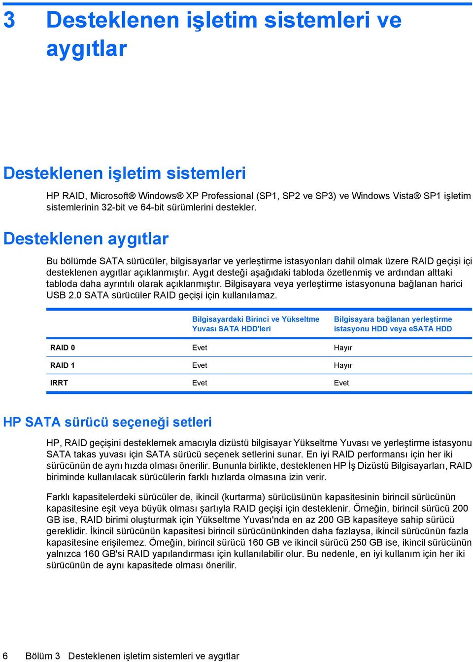 Aygıt desteği aşağıdaki tabloda özetlenmiş ve ardından alttaki tabloda daha ayrıntılı olarak açıklanmıştır. Bilgisayara veya yerleştirme istasyonuna bağlanan harici USB 2.