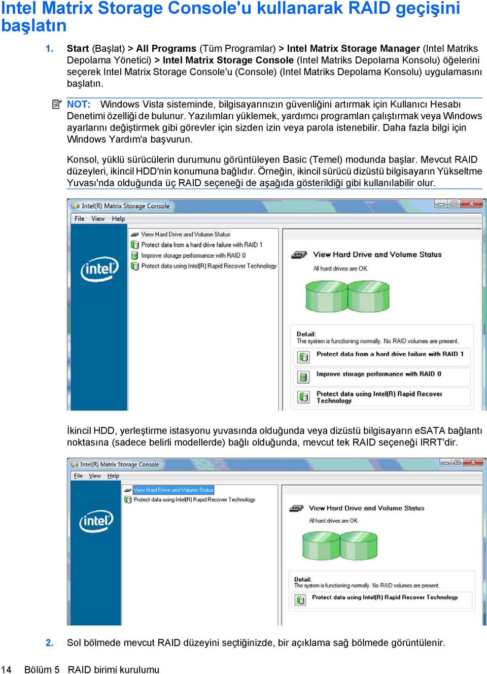 Matrix Storage Console'u (Console) (Intel Matriks Depolama Konsolu) uygulamasını başlatın.