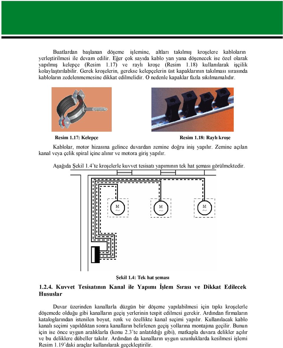 O nedenle kapaklar fazla sıkılmamalıdır. Resim 1.17: Kelepçe Resim 1.18: Raylı kroşe Kablolar, motor hizasına gelince duvardan zemine doğru iniş yapılır.