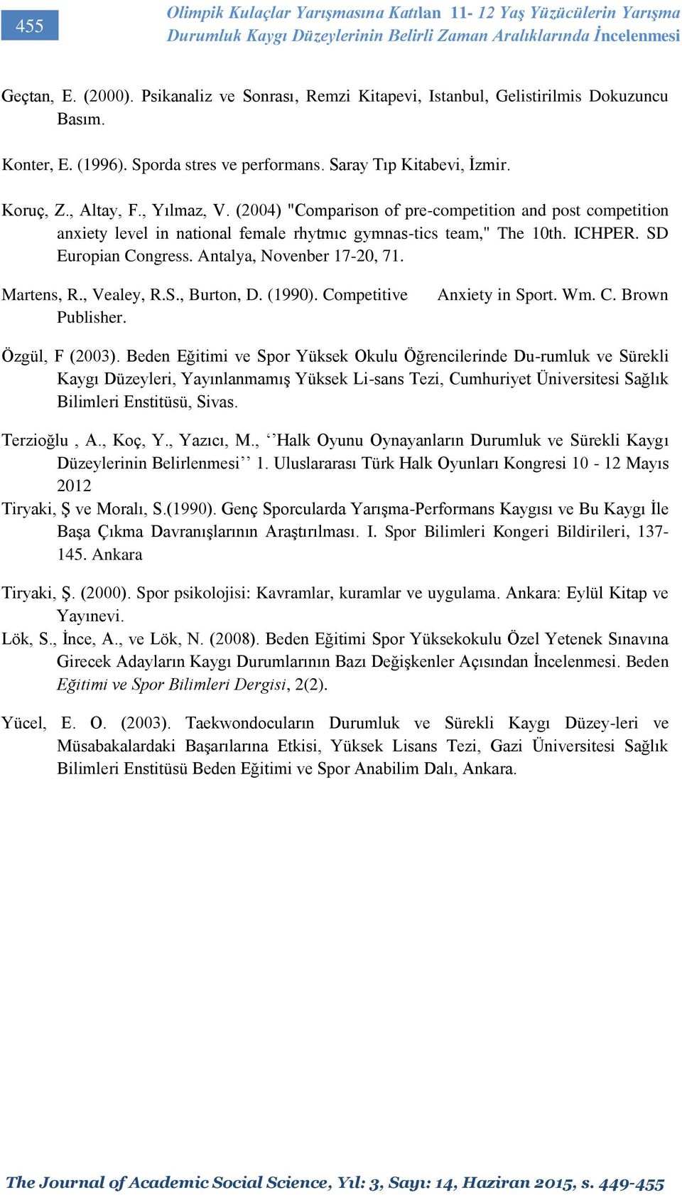 (2004) "Comparison of pre-competition and post competition anxiety level in national female rhytmıc gymnas-tics team," The 10th. ICHPER. SD Europian Congress. Antalya, Novenber 17-20, 71. Martens, R.