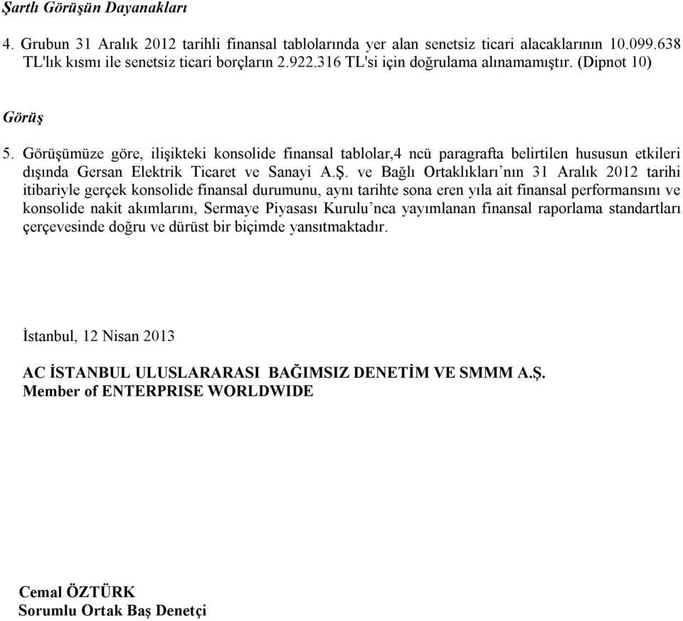 Görüşümüze göre, ilişikteki konsolide finansal tablolar,4 ncü paragrafta belirtilen hususun etkileri dışında Gersan Elektrik Ticaret ve Sanayi A.Ş.