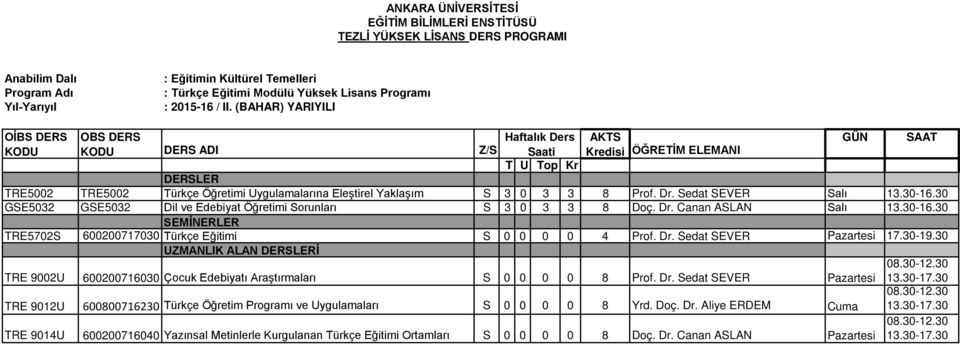 Dr. Sedat SEVER Pazartesi 17.30-19.30 UZMANLIK ALAN İ TRE 9002U 600200716030 Çocuk Edebiyatı Araştırmaları S 0 0 0 0 8 Prof. Dr.