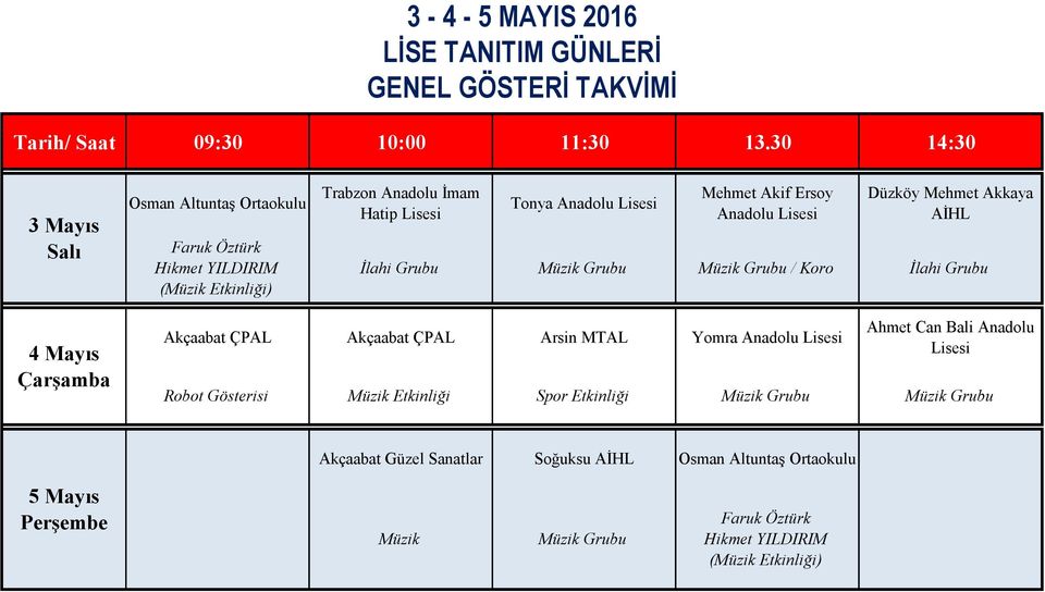 Anadolu Lisesi Düzköy Mehmet Akkaya AİHL İlahi Grubu Müzik Grubu Müzik Grubu / Koro İlahi Grubu 4 Mayıs Çarşamba Akçaabat ÇPAL Akçaabat ÇPAL Arsin MTAL Yomra Anadolu