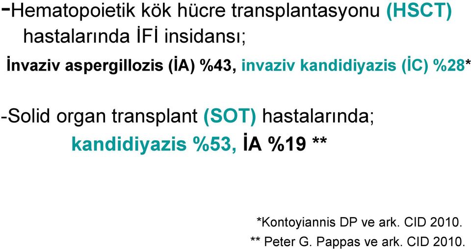 %28* -Solid organ transplant (SOT) hastalarında; kandidiyazis %53, İA
