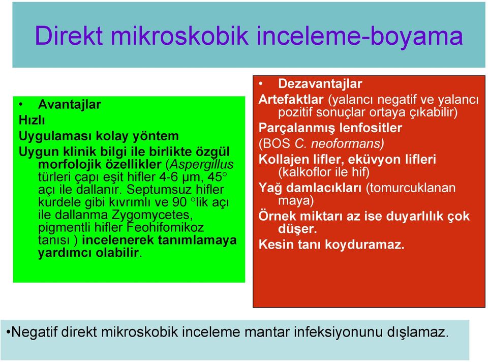 Septumsuz hifler kurdele gibi kıvrımlı ve 90 lik açı ile dallanma Zygomycetes, pigmentli hifler Feohifomikoz tanısı ) incelenerek tanımlamaya yardımcı olabilir.